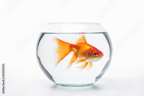 Goldfish swimming in a glass fishbowl isolated on a white background 