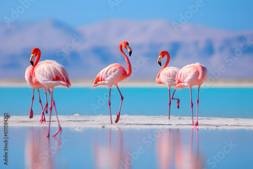 Wild african birds  Group african flamingos walking around the blue lagoon on a sunny day