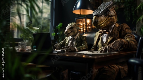 The concept of the beast in business and finance. A dinosaur in a suit and tie sits on a chair in the office. Green atmospheric background with wild animal.