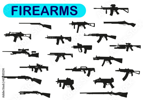 Semi automatic, carbine. Army and police weapons. Shotgun and guns set. Powerful deadly.
