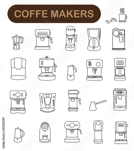 Coffee maker icons set. Outline set of coffee maker vector icons for web design isolated on white background