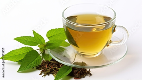 A Refreshing Cup of Tea Steeped with Fresh Green Leaves in Every Sip. Generative AI