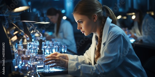 Beautiful girl scientist sits in a scientific laboratory with a microscope and test tubes. Scientific background for advertising medicine, research, vaccines, caring for people's health.