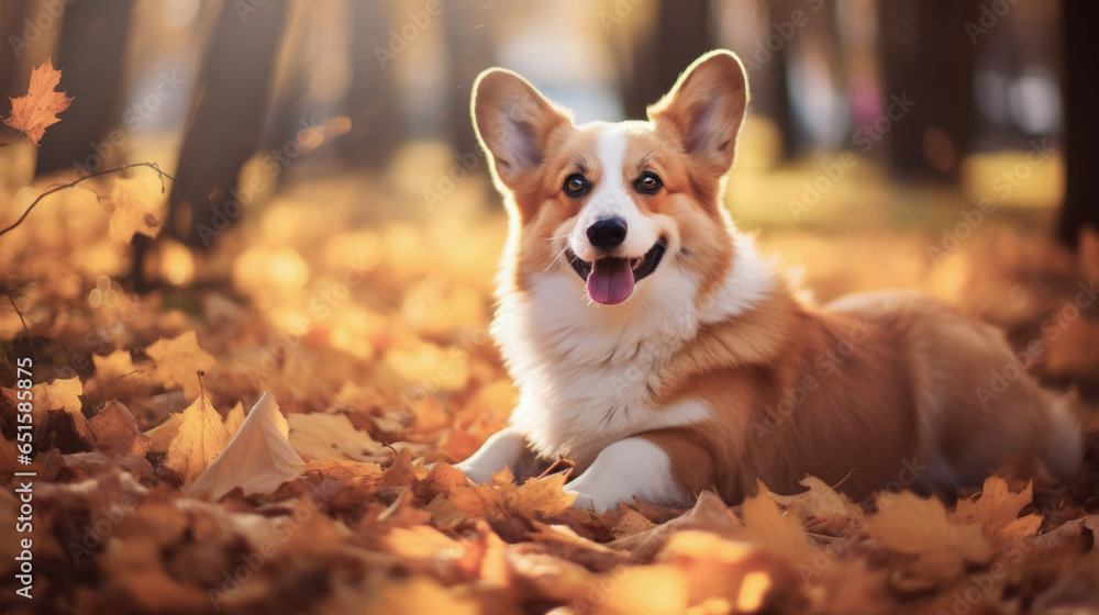 Cute Welsh Corgi dog having happiness lying on leafs in autumn