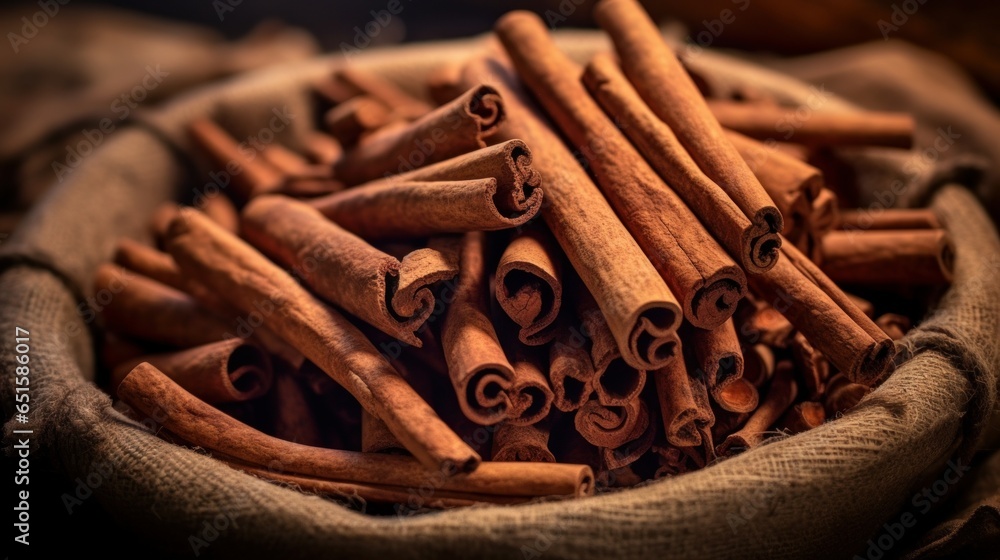 cinnamon sticks are in a wooden bowl - obrazy, fototapety, plakaty 
