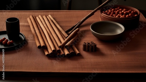 cinnamon sticks are on a wooden table