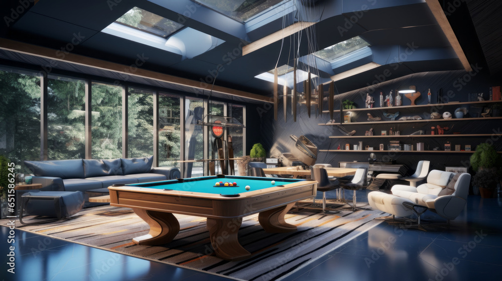 Scandinavian Game Room Designed for entertainment, featuring a pool table, arcade games, and a seating area