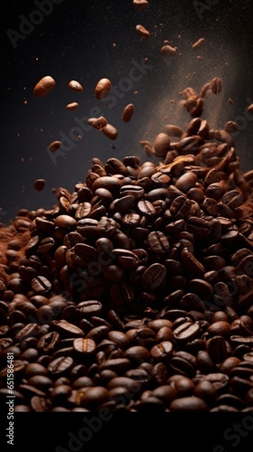 dark brown and black coffee beans flying onto the ground