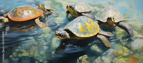 Freshwater turtles or terrapins can be hardshelled or softshell and are typically found in rivers ponds and lakes isolated pastel background Copy space photo