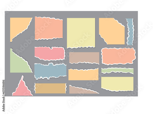Set of ripped paper strips.Scraps of torn paper.Colorful sticky notes, notebook page ,notepad and sticker.Collage art.Shape elements.Banner and cardboard.Flat design.Cartoon vector illustration.