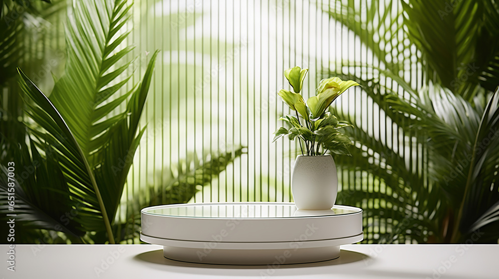 Obraz premium Empty round table for beauty products display with white ceramic. Generative AI