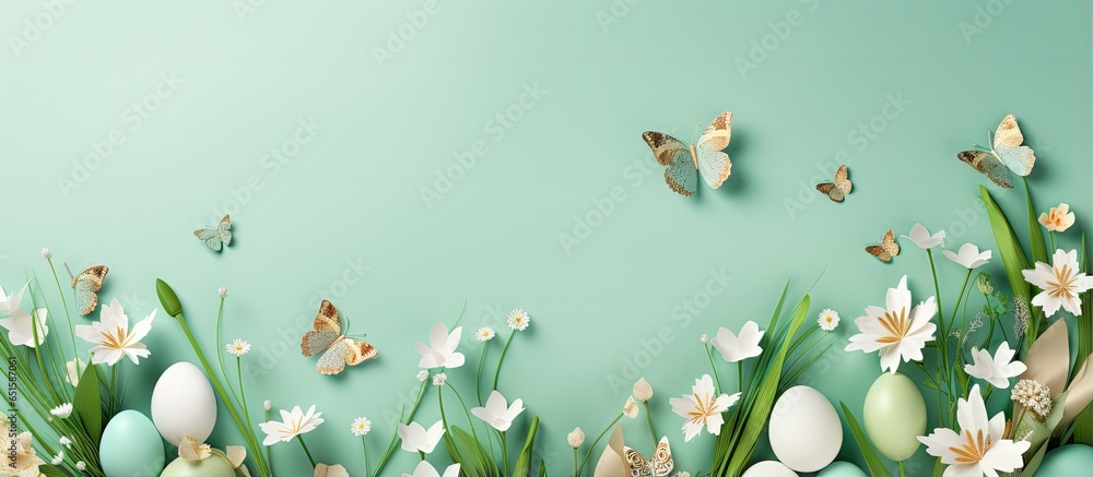 Green Easter eggs and holiday symbols paper art elements grass flowers butterflies Isolated on a isolated pastel background Copy space Raster copy illustration
