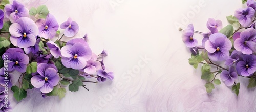Garden with purple flowers and green leaves isolated pastel background Copy space