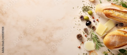 Italian ciabatta bread with herbs olives garlic and parmesan cheese displayed on a isolated pastel background Copy space Italian delicacy vegan friendly