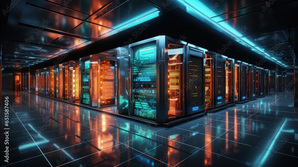 Server room with neon multi-colored lighting. Concept of technology, business, render farm, cloud data storage. Modern computer background for advertising technological progress and opportunities. Server room with neon multi-colored lighting. Concept of technology, business, render farm, cloud data storage. Modern computer background for advertising technological progress and opportunities.
