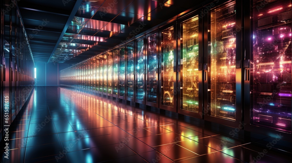 Server room with neon multi-colored lighting. Concept of technology, business, render farm, cloud data storage. Modern computer background for advertising technological progress and opportunities.