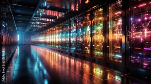Server room with neon multi-colored lighting. Concept of technology  business  render farm  cloud data storage. Modern computer background for advertising technological progress and opportunities.