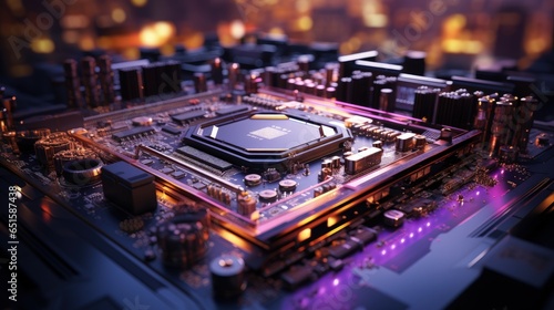 The processor is connected to the motherboard under ultraviolet light. Modern technology background of super computer of the future for banner, advertising, technology companies.