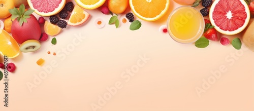Fruit juice spilled on isolated pastel background Copy space