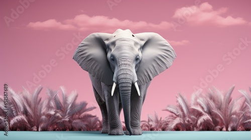 Cute gray elephant on a pastel pink and blue background with copy space. Concept of animals in nature and life. Background for advertising, banners, zoos and businesses. photo