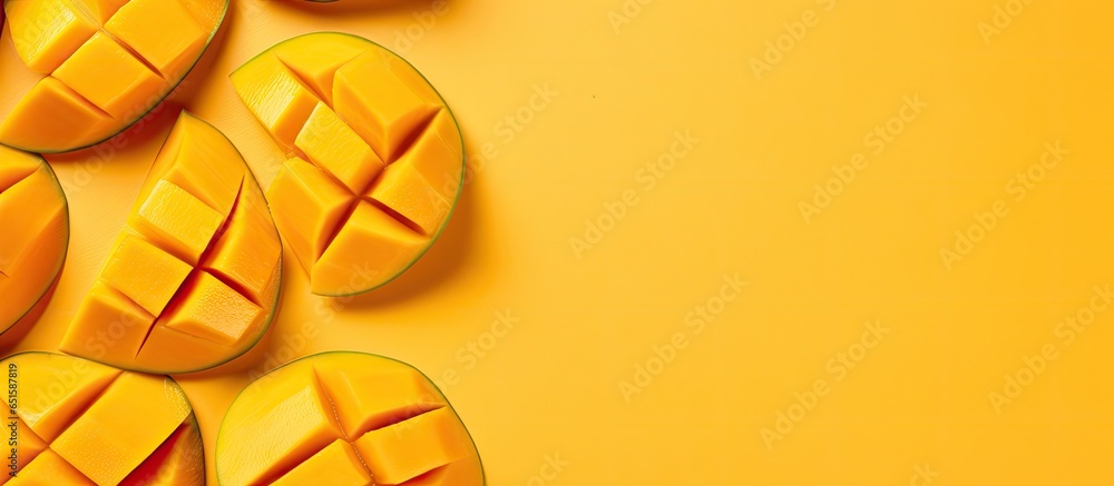 Mango slices isolated pastel background Copy space - obrazy, fototapety, plakaty 