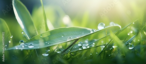 Morning sunlight illuminates sparkling dew drops isolated pastel background Copy space grass leaves for macro photography photo
