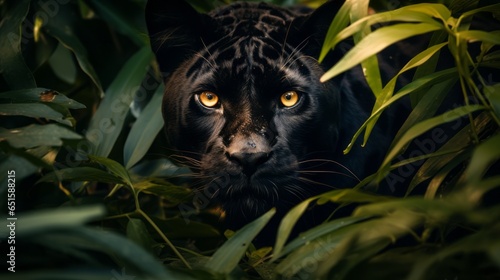 Fototapeta Naklejka Na Ścianę i Meble -  Panther in a jungle between leaves