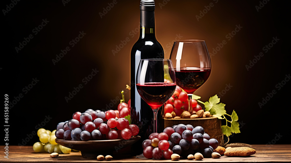 Bottle and glass of Red wine with ripe grapes still life. Red wine Over black background. Generative AI