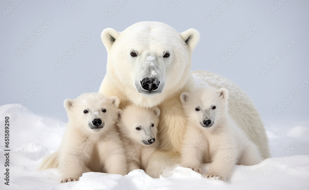 Portrait of mother polar bear with her cute cubs in snow Portrait of mother polar bear with her cute cubs in snow
