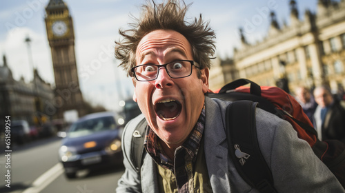 Captivating display of an anxious tourist in London, showcasing a blend of worry and excitement with the iconic Big Ben as backdrop. Emotionally stirring!