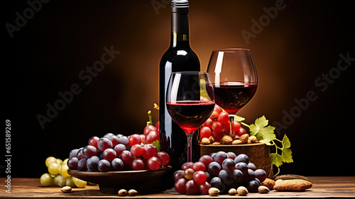 Bottle and glass of Red wine with ripe grapes still life. Red wine Over black background. Generative AI