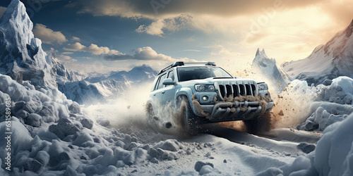 4x4 SUV rides on adventure journey in mountains in winter off-road with snow and snowdrifts