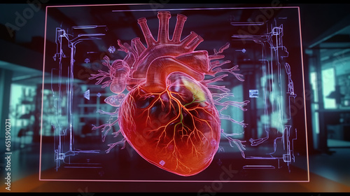 a large transparent screen with a human heart with the visual notes representations 