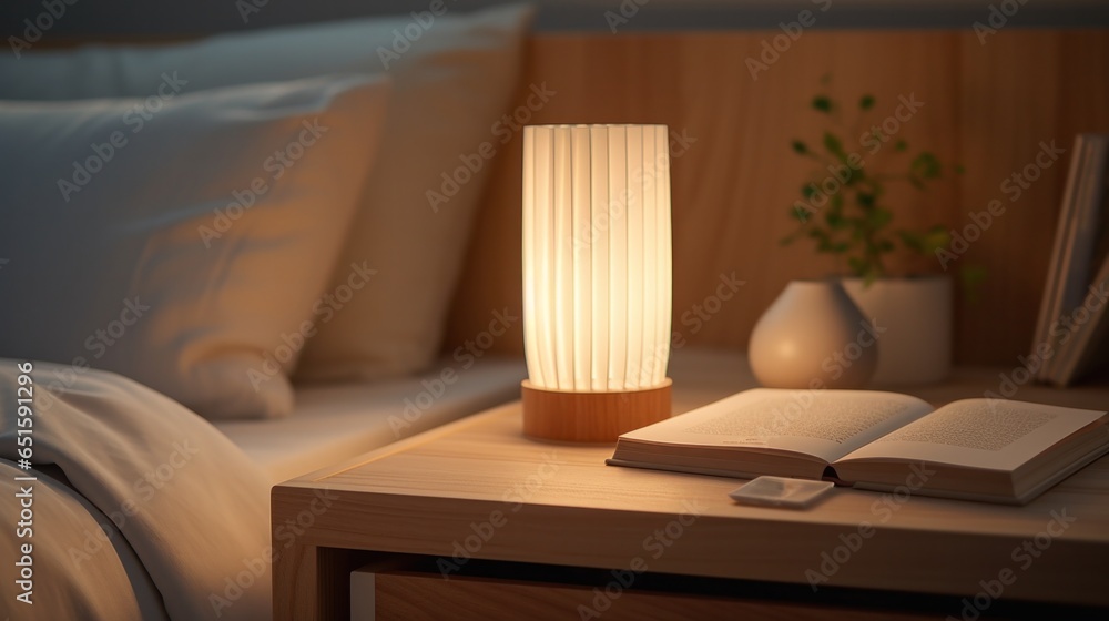 Cozy bedroom interior with book and reading lamp on bedside table. - obrazy, fototapety, plakaty 