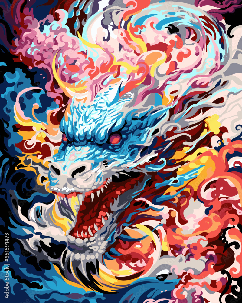 Vector close-up of dragon painting, dragon oil painting, very complex and colorful, rich in color and rich in detail, majestic Japanese dragon, 'dragon breathing fire' painted in bright watercolors Vector close-up of dragon painting, dragon oil painting, very complex and colorful, rich in color and rich in detail, majestic Japanese dragon, 'dragon breathing fire' painted in bright watercolors