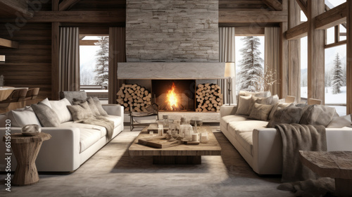 Photographie Scandinavian Ski Chalet Lounge A ski chalet-inspired room with wooden accents, f