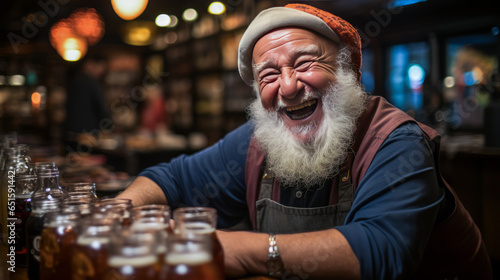 Engaging brewer, heartily amused in a tavern setting with beer and keg, his delight expressing enjoyment of the ale brewing craft.