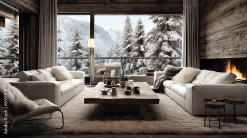 Scandinavian Ski Chalet Lounge A ski chalet-inspired room with wooden accents, fur throws, and vintage ski decor © Textures & Patterns