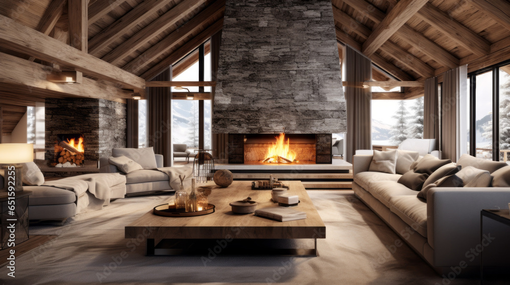 Scandinavian Ski Chalet Lounge Inspired by alpine chalets, this room features wooden beams, a stone fireplace, and cozy furnishings for après-ski relaxation