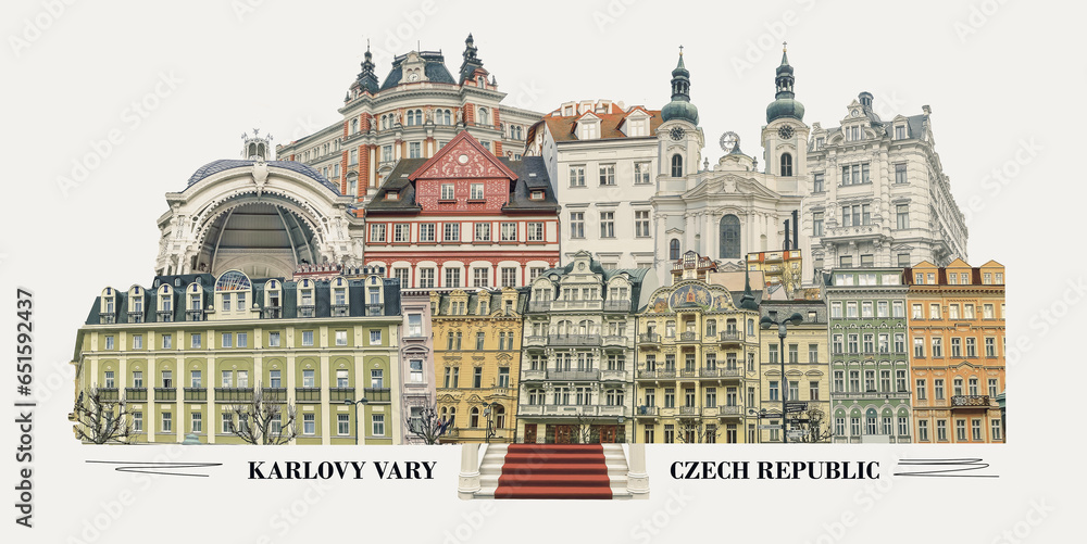 The old building facades in Karlovy Vary, Czech Republic. Collage or art design