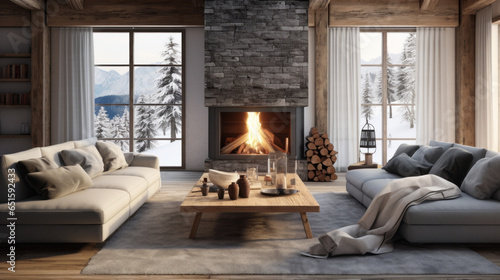 Photographie Scandinavian Ski Chalet Warm wood, fur throws, and a stone fireplace give a ski