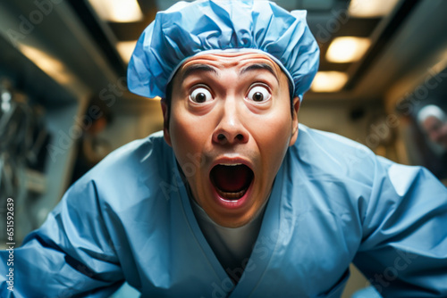 Stunning shocked surgeon expressing utter surprise in operating room, scalpel in hand, capturing a whirlwind of human emotions. photo