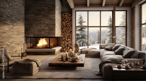 Scandinavian Ski Chalet Warm wood, fur throws, and a stone fireplace give a ski lodge vibe A sectional sofa and a log coffee table complete the cozy ambiance  © Textures & Patterns