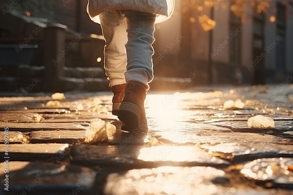 Children's Legs in White Leggings and Brown Boots Children's Legs in White Leggings and Brown Boots