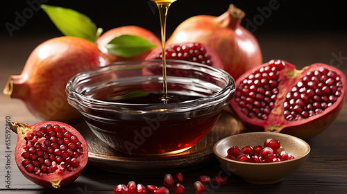 Savor the Sweetness - Pomegranate Molasses and Whole Fruit Extravaganza on wooden rustic table. Generative AI