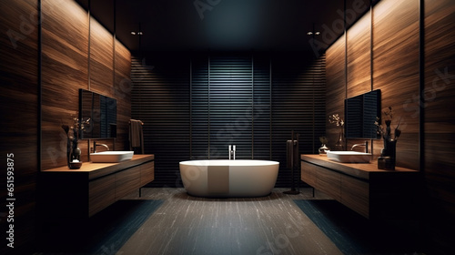 modern bathroom, in the style of moody and atmospheric, wood, illuminated interior, zen-inspired	 photo
