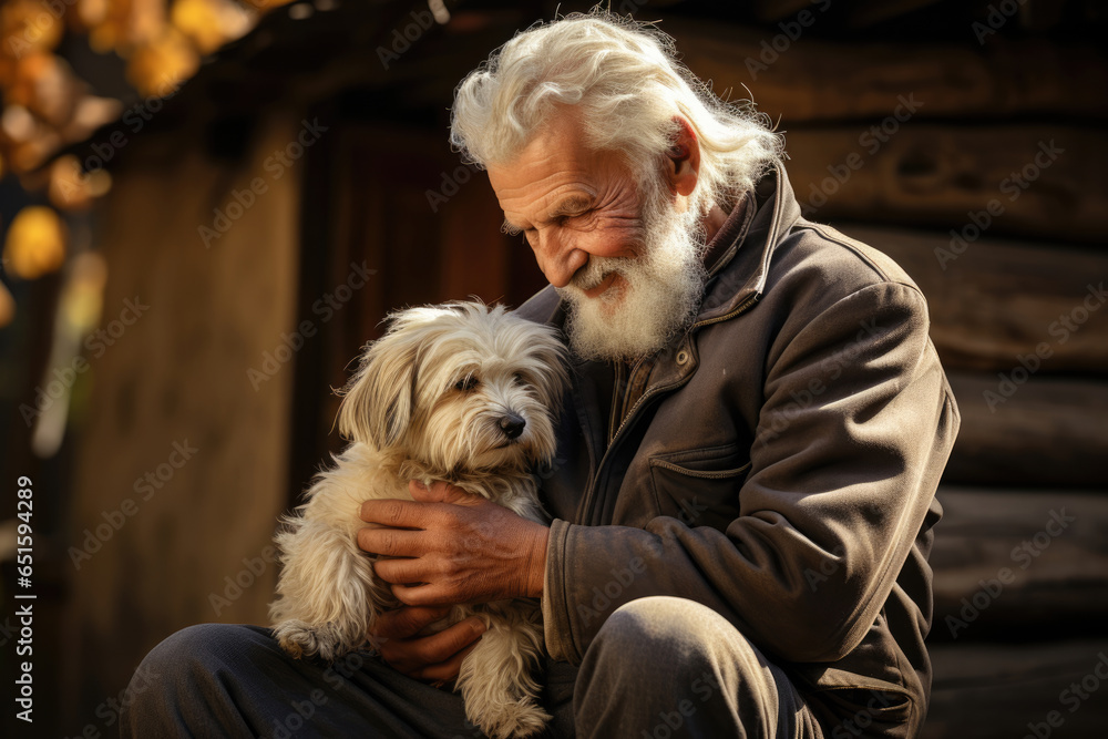 Old man senor hugs his beloved dog. Petlove concept Old man senor hugs his beloved dog. Petlove concept