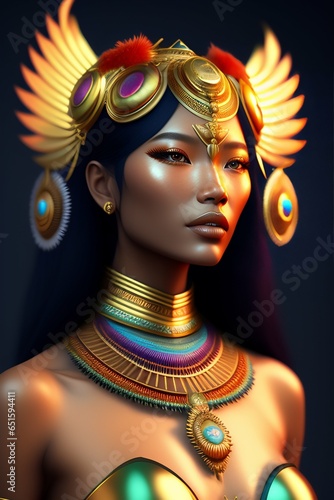 Portrait of goddess of oracular symbiosis wide angle  with animal totems 
