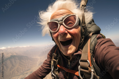 old woman flies on parachute  extreme sport concept  active lifestyle