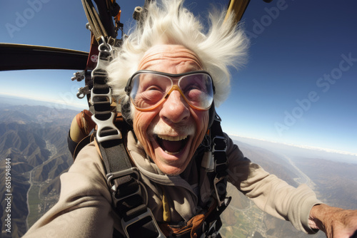 old woman senora flies on parachute in the sky, enjoys life